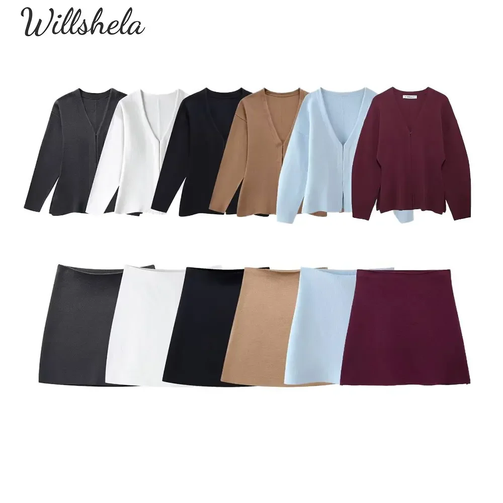 

Willshela Women Fashion 2 Piece Sets Knitwear Jacket & Back Zipper High Waist Midi Skirt Female Chic Skirts Set