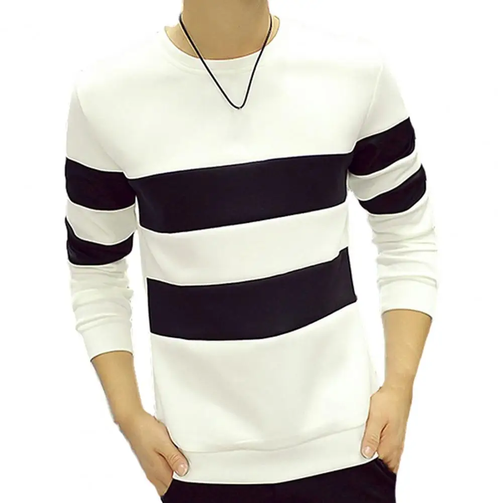 Men Crew Neck Sweatshirt Patchwork Striped Color Casual Sweatshirt Slim Fit Men's Patchwork Striped Crew Neck for Autumn