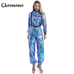 Womens Astronaut Costume Adult Shiny Metallic Space Suit Halloween Flight Full Bodysuit Jumpsuit Pretend Role Play Dress Up