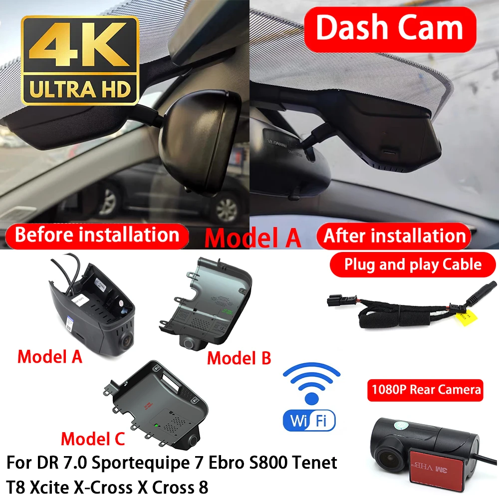 Cámara para Auto DR 7.0 Sportequipe 7 Ebro S800 Tenet T8 Xcite X-Cross X Cross 8 4K, Cámara Delantera y Trasera, DVR, Wifi, Plug & Play