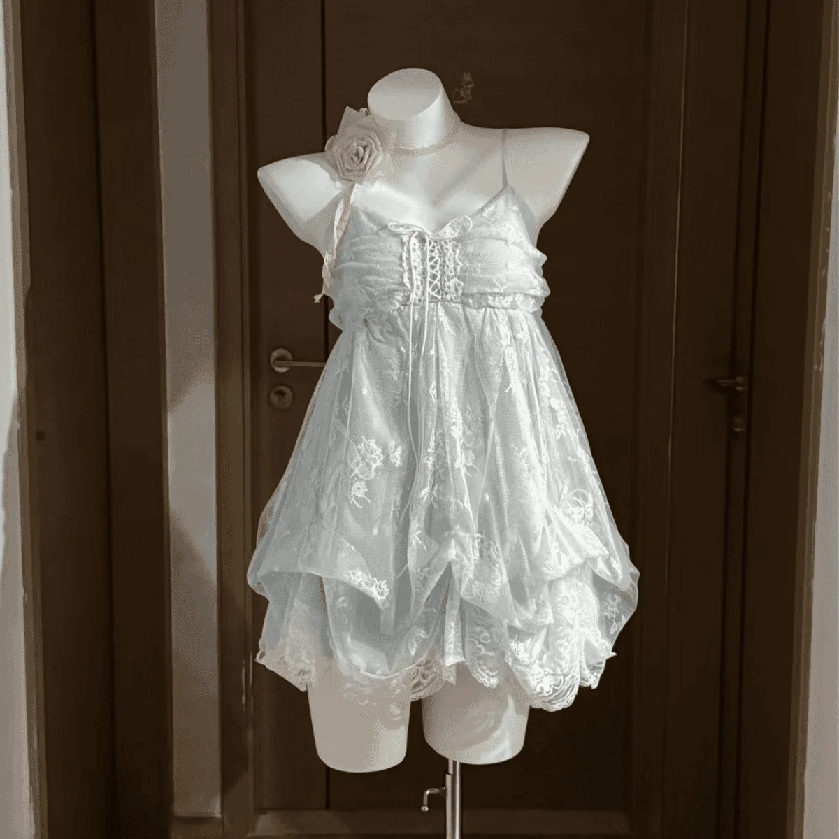 French Vintage Dress Lace Tulle Trim Ruffle Spaghetti Strap Lace Up Front Bubble Hem Mini Dress Sweet Fairy Style Women Wear view 2