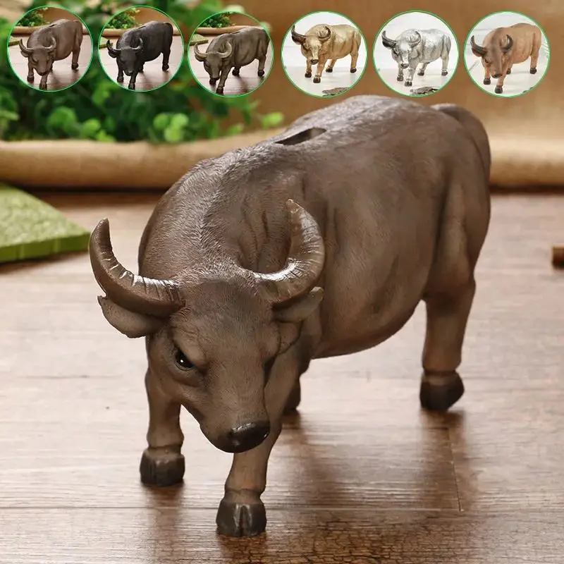 Creative Buffalo Statue Bull Piggy Bank Money Coin Penny Collectible Saving Box Christmas Gift Home Desk Decorative Ornament