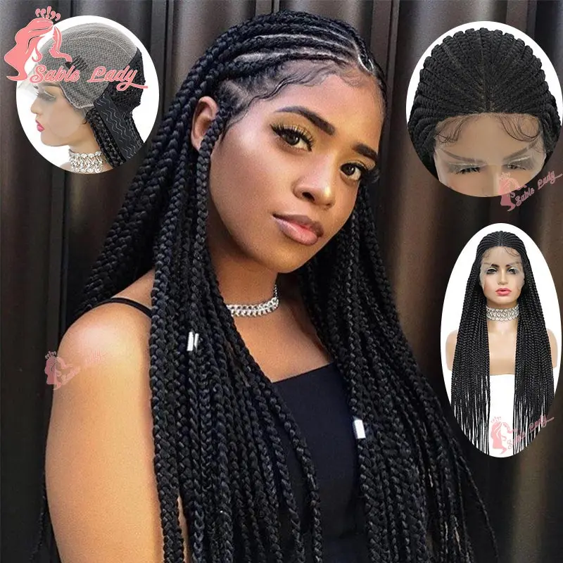 Synthetic Cornrows Wig 13x8 Lace Front Straight Cornrow Braids Wig Crochet Box Knotless Braided Lace Front Wig For Black Women