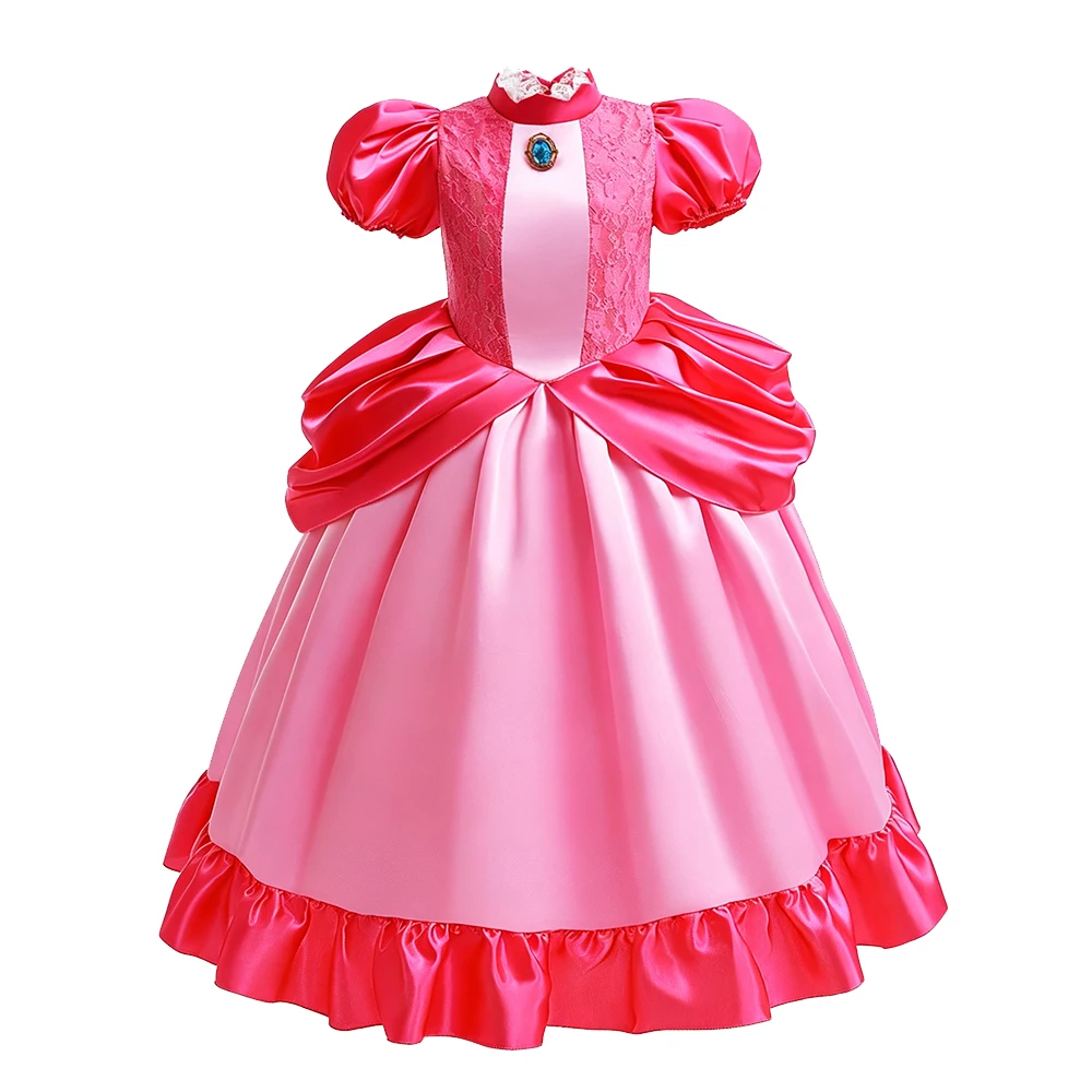 Girl Peach Dress up Lace Ball Gown Short Sleeve Long Dress Princess Costume Kid Cute Halloween Clothing Frock 2-10Y