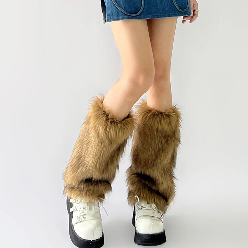 Calentadores de piernas de piel sintética Vintage Y2k para niña, botas peludas cálidas de invierno, calcetines de cubierta Jk Punk, accesorios de Cosplay de hip hop