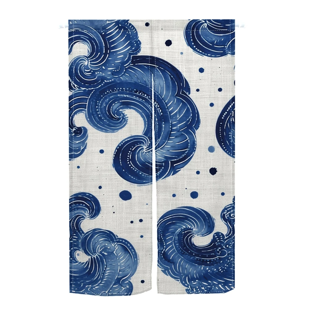 Japanese Style Warm Curtain Drape Blue And White Wave Fish Scale Pattern Privacy Divider for Living Room Bedroom Kitchen Door