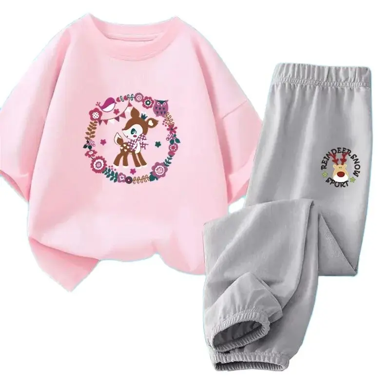 2pcs Girl Summer Clothes Set Children's Christmas Reindeer Short-Sleeved T-shirt and Trousers Fashion Suit Teens Student Outfits