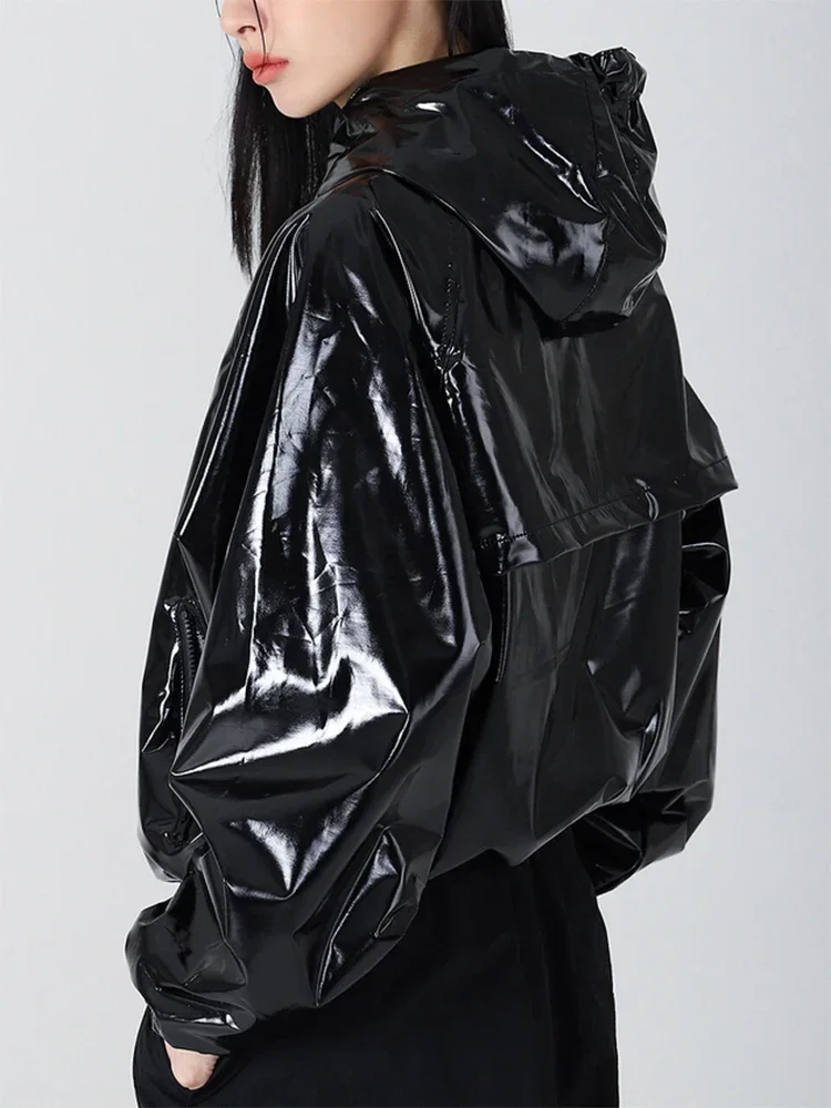 Ladies Chic Long Sleeve Glossy PU Overcoat With Pockets Women Shiny Faux Leather Hooded Flight Jacket Coat Waterproof PVC Custom