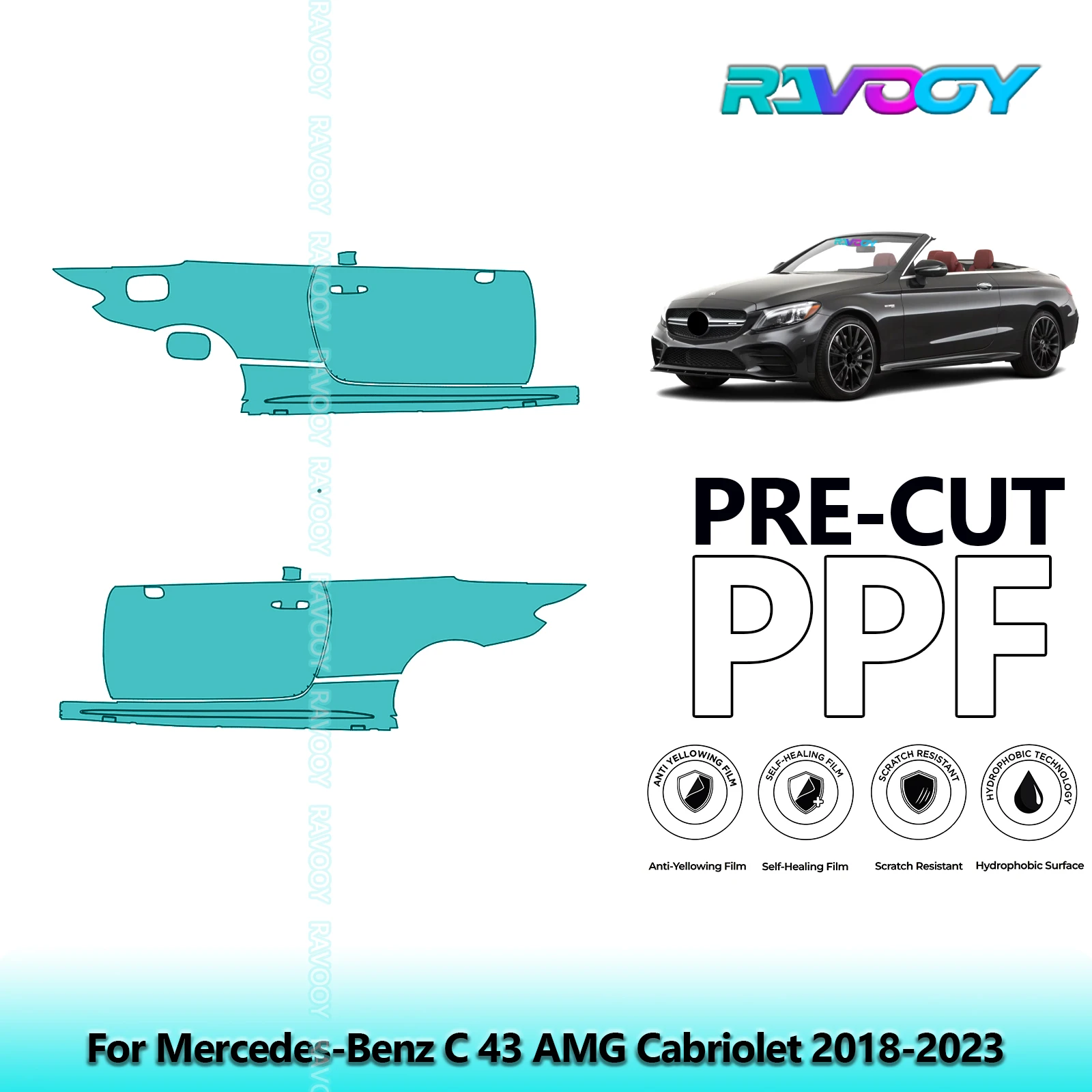 

For Mercedes-Benz C 43 AMG Cabriolet 2018-2023 8.5mil Pre-Cut PPF Door & A/B Pillar Kit TPU Paint Protection Film Set