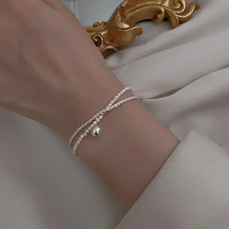 Pulsera de perlas de doble capa de Plata de Ley 925 para mujer y niña, pulsera con dijes brillantes coreanos, regalos de joyería de fiesta de lujo