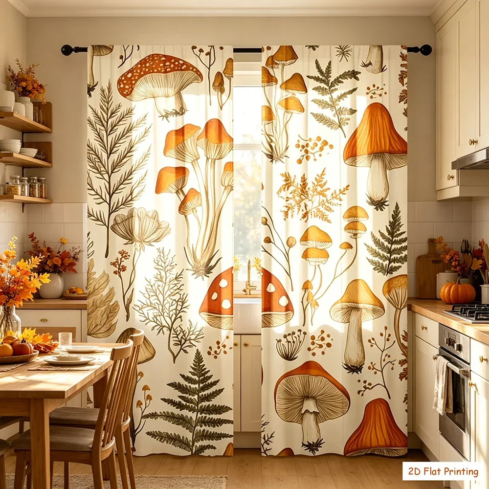 Digital Printed Curtains with Mushroom Fern Design, Stylish Window Drapes for Living Room Bedroom Home Decoration