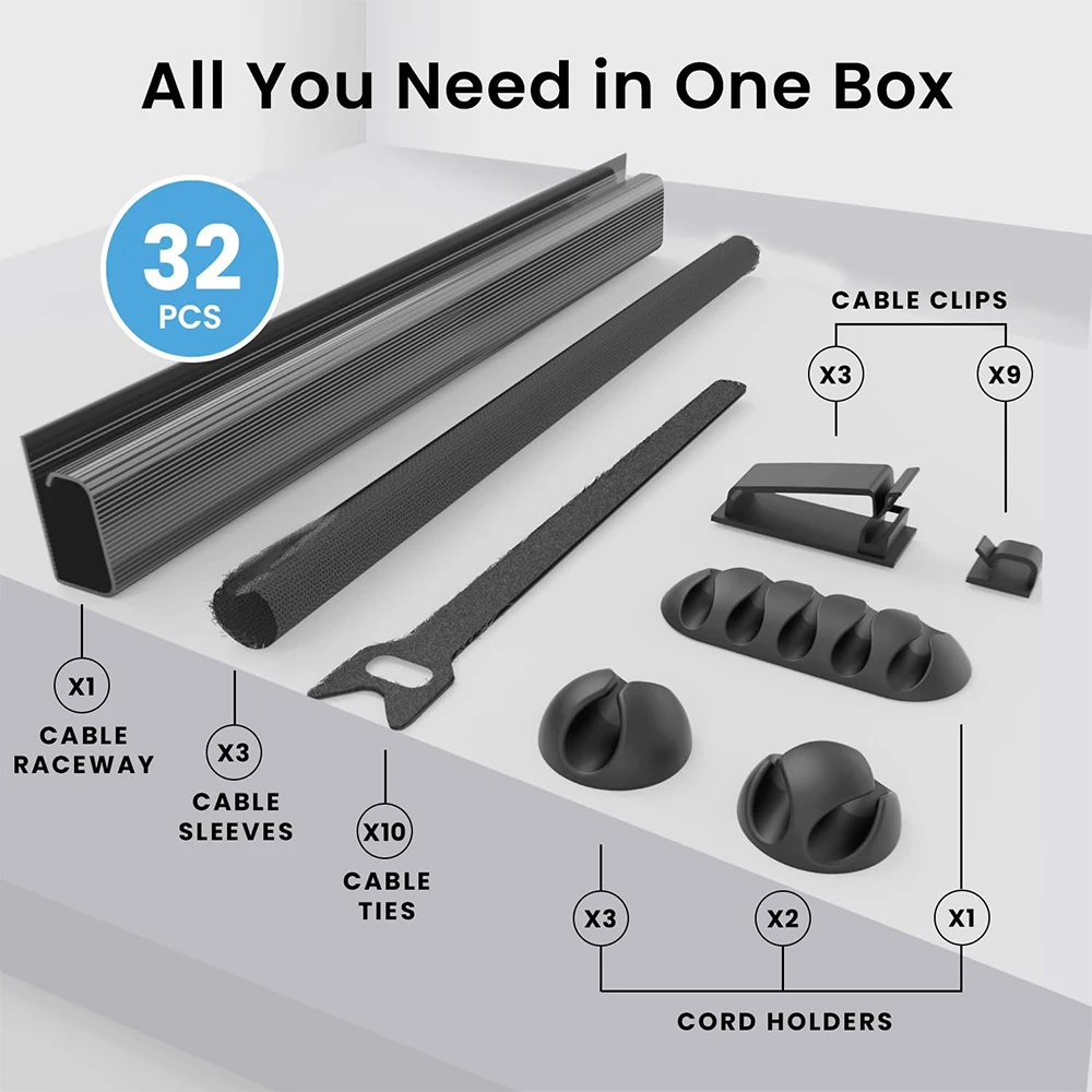 32Pcs Desk Under Cable Management Kit Cord Organizer Cable Raceway Cable Sleeve Adhesive Cable Clips Cord Clips Cable Organizer