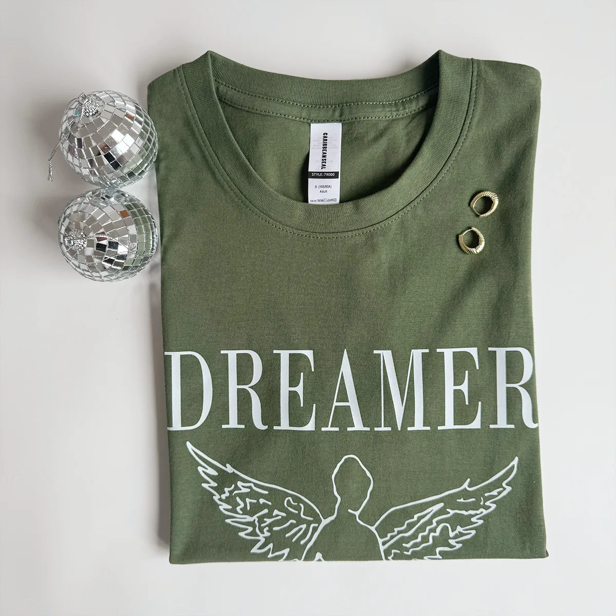 American Vintage Style Dreamer Angel Printing Graphic T Shirts Summer Short Sleeve Army Green Cotton Tops Ins Fashion Women Tees