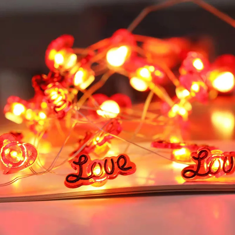 Guirnaldas de luces LED con forma de corazón rojo para el Día de San Valentín, cadena de luces brillantes con amor y corazón, decoración para fiesta de boda y aniversario, adorno para el hogar