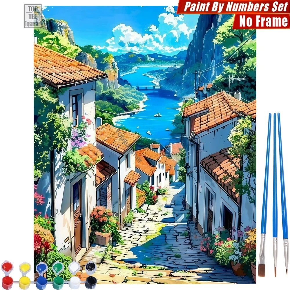 Set de pintura digital al óleo DIY sin marco de 1 pieza - Casas Blancas, Flores de Calle, Barcos - Arte de pared, decoración del hogar, regalo del Día del Padre para papá