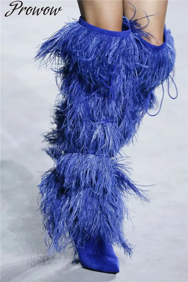 

Женские модные сапоги выше колена на тонком каблуке большого размера с острым носком и перьями, женская обувь Zapatos Mujer