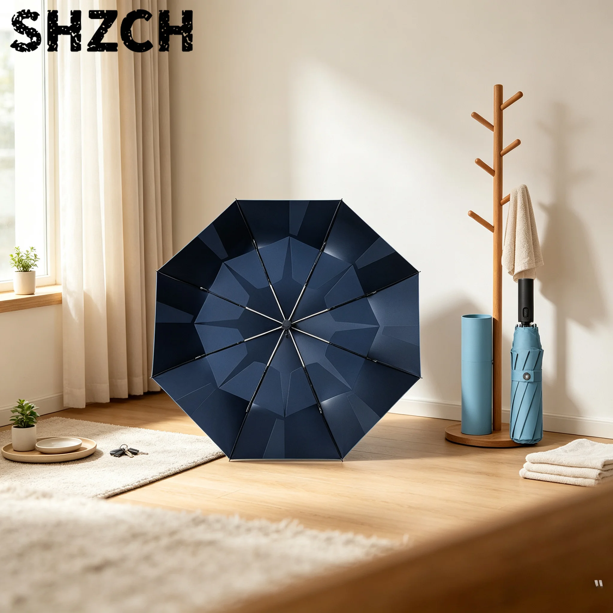 Couple's Giant Reverse Umbrella, 106cm Quick-open Black-coated Sun Parasol with Solid Wood Grip, Snap-fold Memory Patch Canopy.