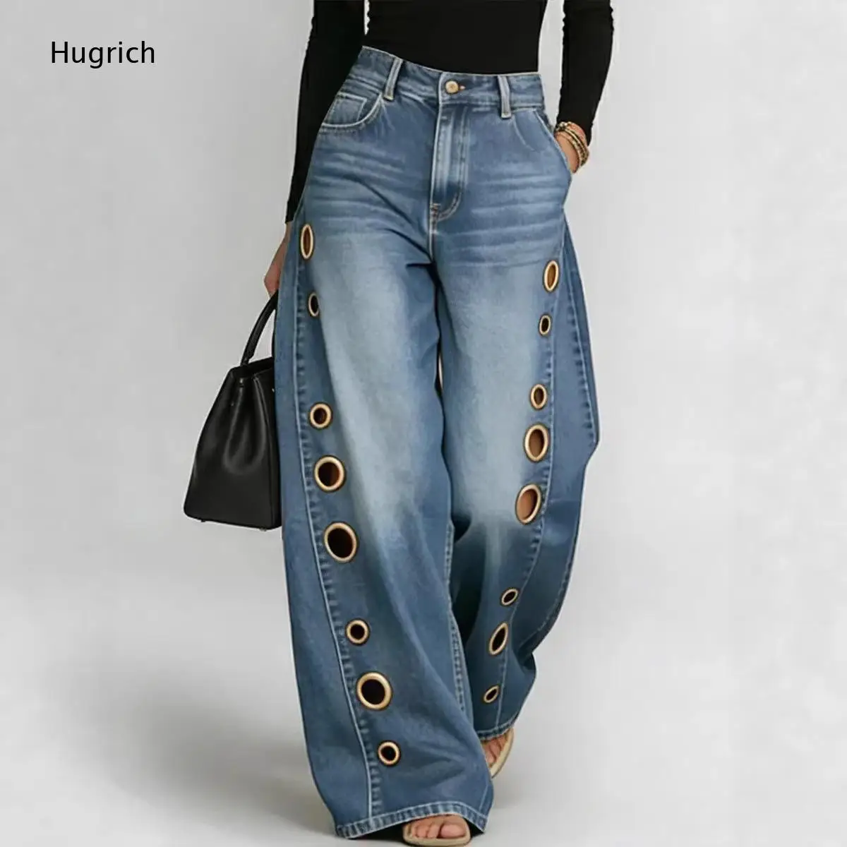Dark Grey Washed Wide Leg Jeans High Waist Side Circular Metal Eyelet Hollow Out Loose Casual Streetwear Denim Trousers