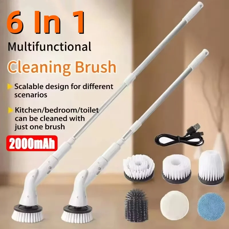 New 2000mah 6-in-1 Electric Cleaning Brushwireless Electric Rotary Clean Brush Shower Cleaning Brush Kitchen Bathroom Home