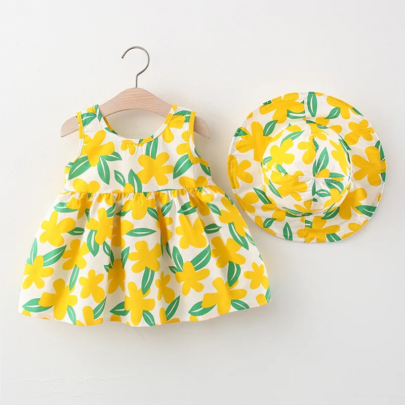 2 Stück setzt Sommer Kleinkind Mädchen Kleidung koreanische Mode Prinzessin Blumen ärmellose Baumwolle Baby Kleider + Hüte Kinder Kleid BC2123-1