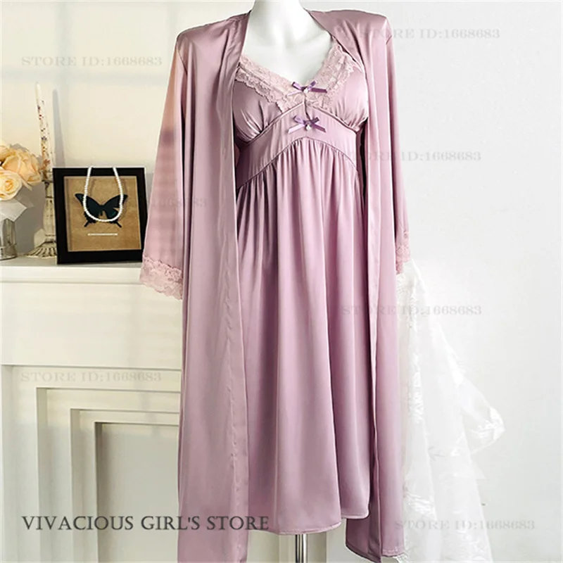 Women Matching Set Homewear Bow Decor Lace V Neck Cami Dress Long Flowy Nightgown Set Elegant Female Long Robe Nightgown Set