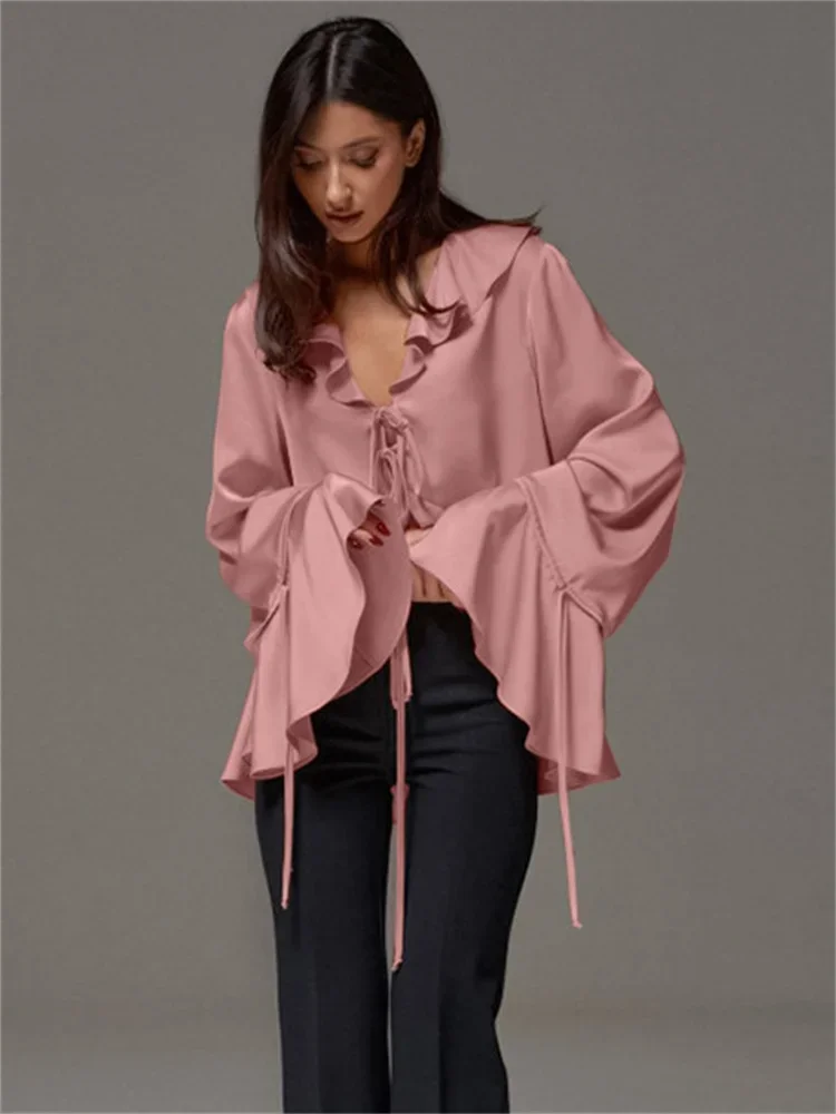 

Summer Lace-Up V-Neck Shirts For Women Flared Sleeve Hollow Out Loose Ruffled Patchwork Cardigan Female Commute Blouse New