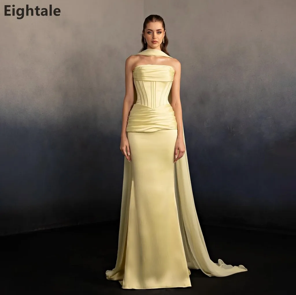

Eightale 2026 Yellow Mermaid Evening Dress With Wrap Strapless Satin Wedding Prom Dress Bespoke Dubai Party Gown Customizable