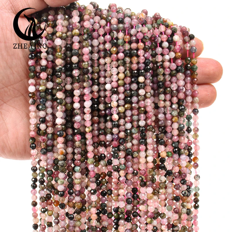 Zhe Ying Natural 4mm Mix Tourmaline Beads Small Loose Faceted Gemstone Beads for Jewelry Making DIY Accessories