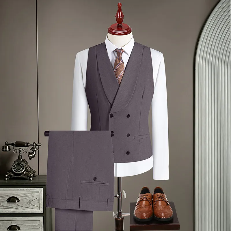 High-Quality Wool Men's Fashionable Casual Business Suit Two-Piece Set with Shawl Collar Double-Row Buttons Vest Inner Wear