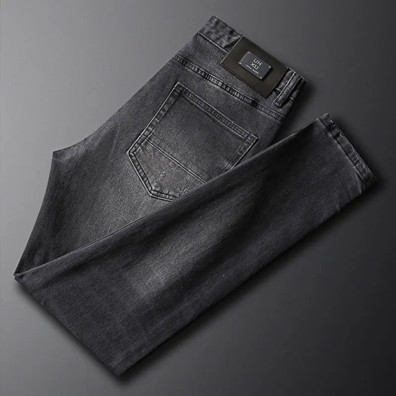 Fashionable new men's jeans with torn holes, elastic slim fit, washed black gray jeans, Italian splicing straight leg pants, hom