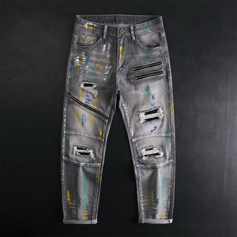 

Broken hole patch graffiti splicing jeans for men, slim fit with small feet, elastic retro splashed ink high-end trendy pants