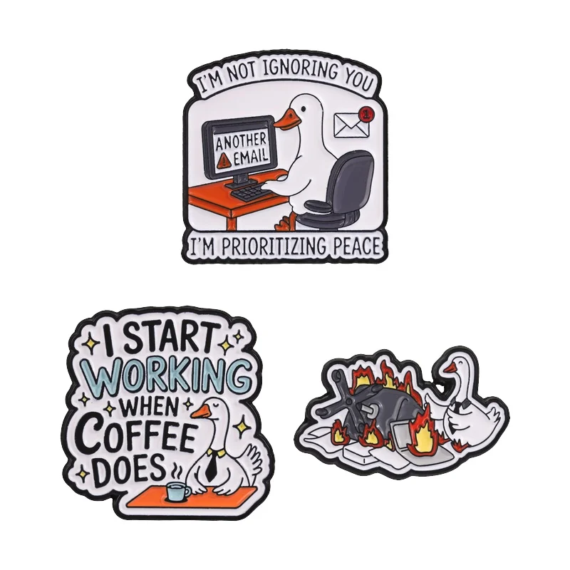 Office Work Goose Badge Enamel Pin Cartoon Coffee Goose Ignoring Emails Prioritizing Peace Brooch Bag Lapel Badge Jewelry Gifts