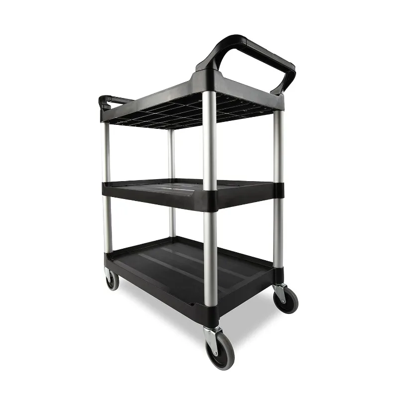 Heavy Duty 3-Shelf Rolling Service/Utility/Push Cart, 200 Lbs. Capacity, Black, for Foodservice/Restaurant/Cleaning/Warehouse