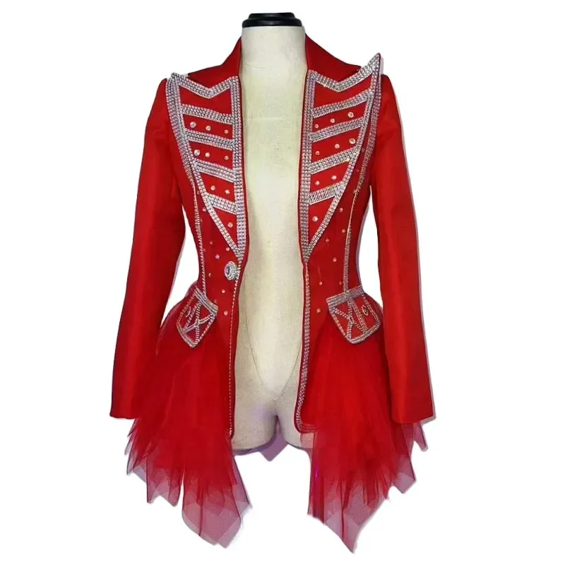 Red White Slim Fit Fluffy Gauze Rhinestones Blazer Coat for Women Singer Dancer Concert Stage Performance Jacket Dance Costume