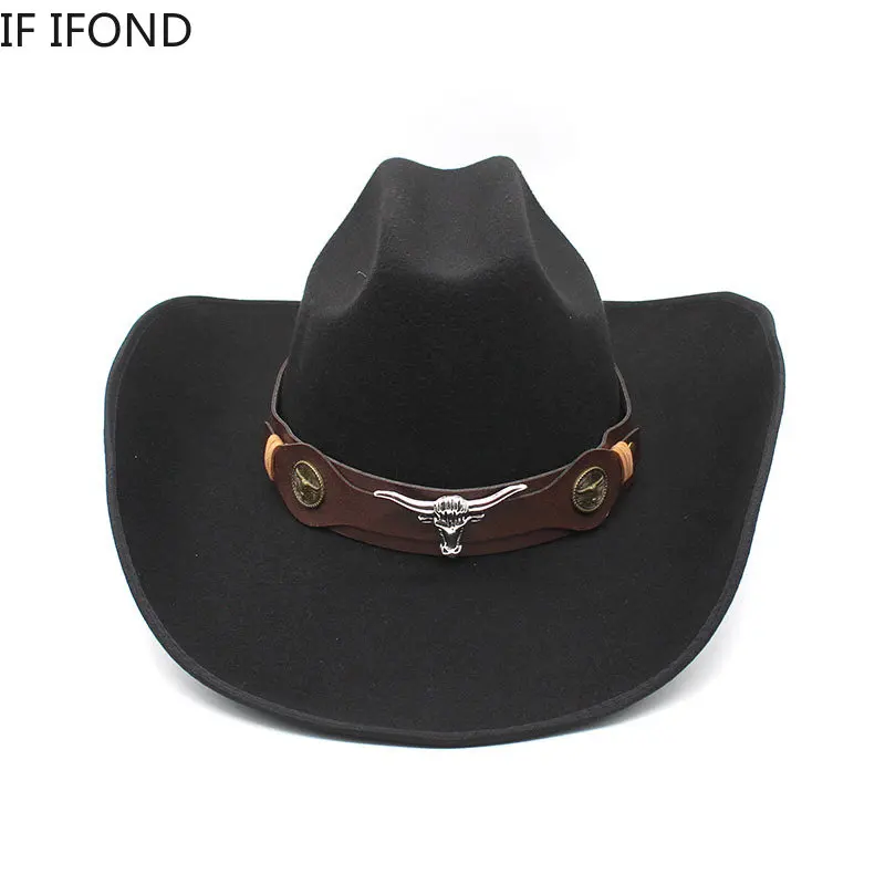 Fashion Bull Head Decoration Western Cowboy Hats New 9.5CM Wide Brim Church Hats Gentleman Lady Jazz Cowgirl Cap