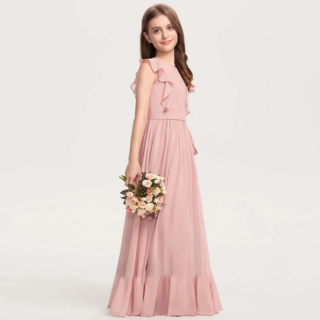 YZYmanualroom Chiffon Junior Bridesmaid Dress With Bow Cascading Ruffles A-line Scoop Floor-Length 2-15T