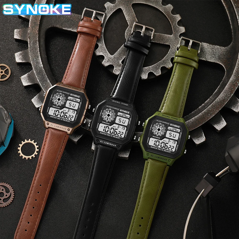 SYNOKE Digital Watches Men Sports Luminous Multifunction Waterproof watch Outdoor and Running Leather wristwatch Retro Fashion