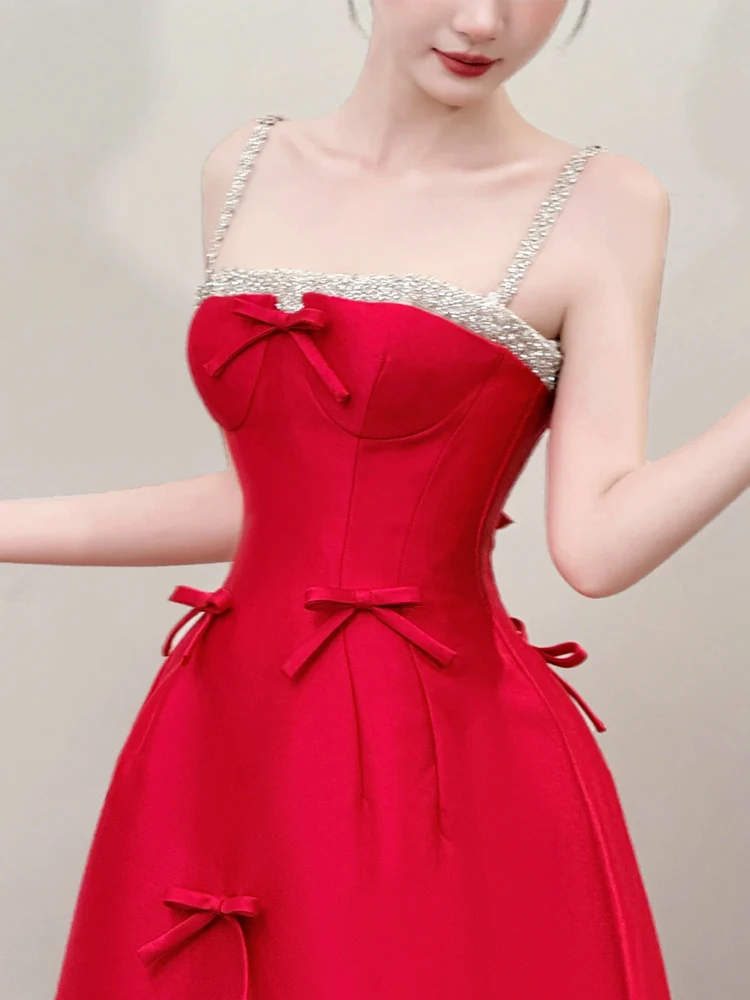 로즈 레드 스위트하트 파티 생일 드레스 소녀 여성 스파게티 스트랩 다이아몬드 리본 이브닝 가운 맞춤형 심플 웨딩 드레스