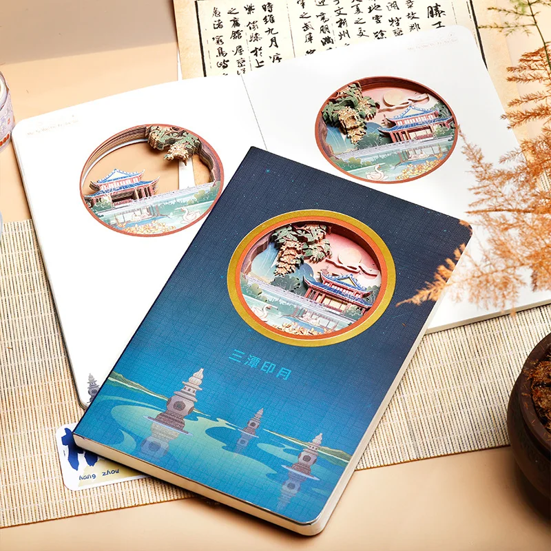 Cuaderno de tallado de papel en capas estéreo 3D con temática de tres piscinas que miran la luna con elegancia escénica junto al lago