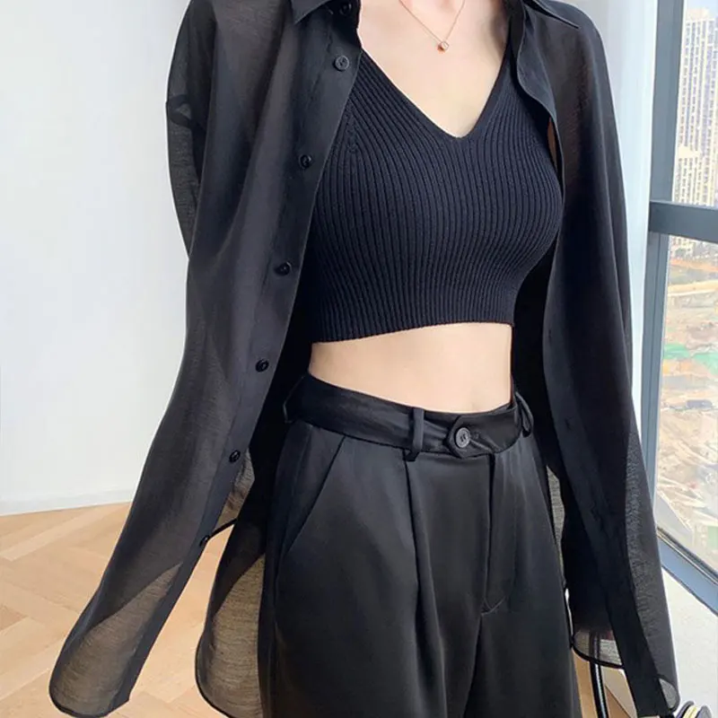 Elegant Fashion Harajuku Slim Fit Shirt POLO Collar Solid Button Thin Style Long Sleeve Tops Women Loose Casual Female Clothes