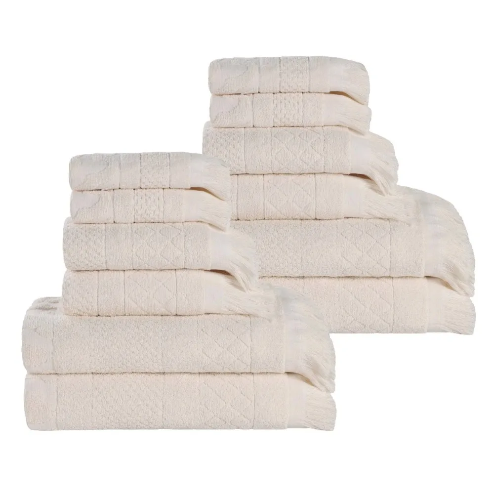 Rolla Cotton Geometric Soft 12 Piece Towel Set, Ivory