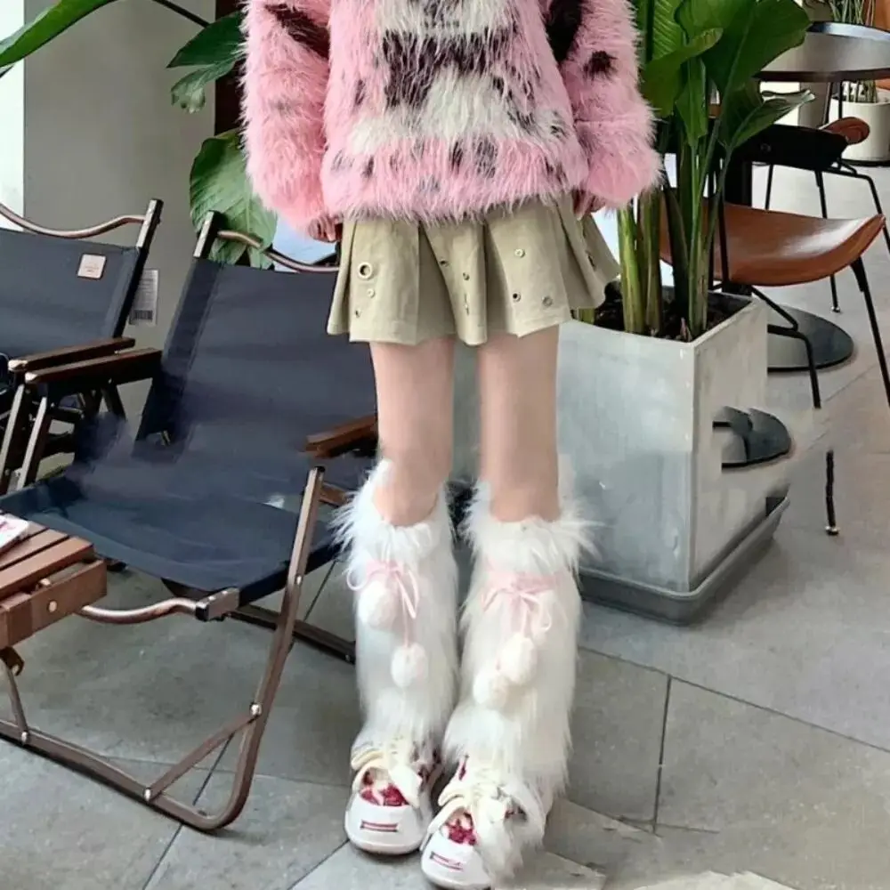 

Fashion Faux Fur Furry Leg Warmers Sweet Cool Y2K Long Tube Socks Lace Up Balls Lady Boot Cover Socks