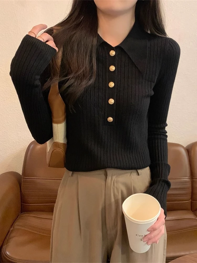 Womens Slim Polo Neck Knit Sweater Metal Button Accent Spring Autumn Base Layer Top Chic Inner Wear Pullover