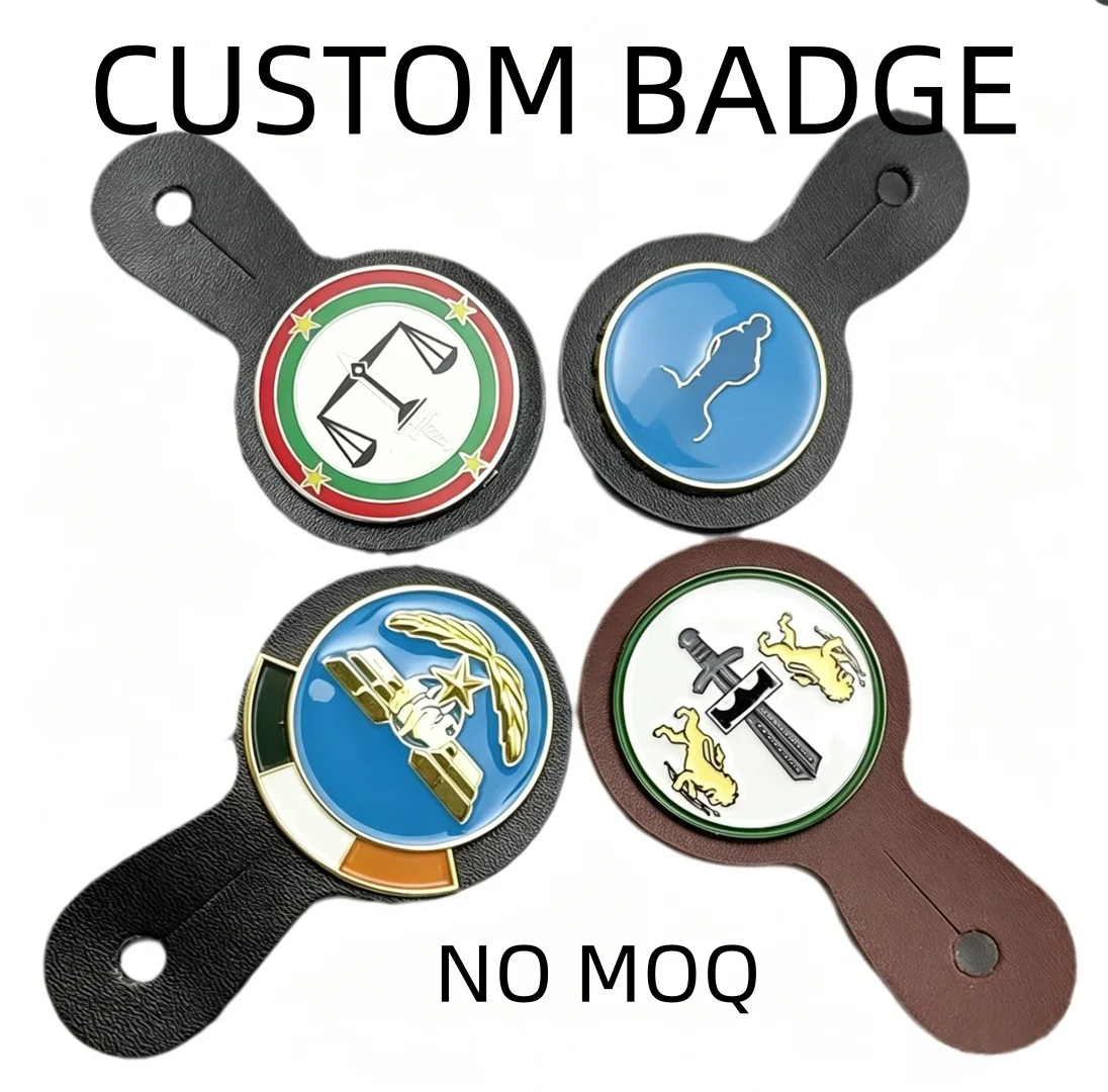 Customized 2D Soft Enamel Leather Pin Metal Brough Pin Metal Crafts Personnalize Security Guard Badge with Leather Holder Wallet