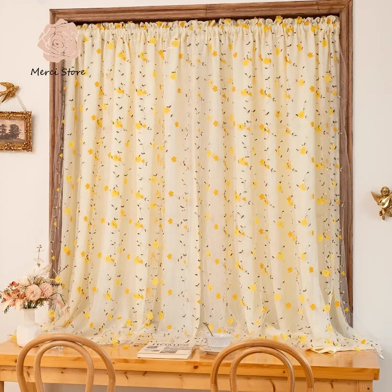 

Curtains for Living Room French Pastoral Cream Style Double Layer Gauze Short Flower Window Broken Blackout Thermal