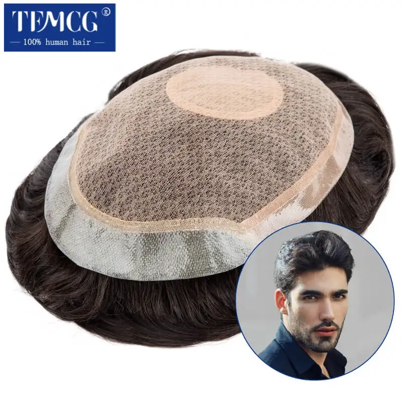 Male Hair Prosthesis Silk Base and PU Breathable Lace Hand Tied Male Wig 100% Human Hair Toupee Men Durable Exhuast System Unit