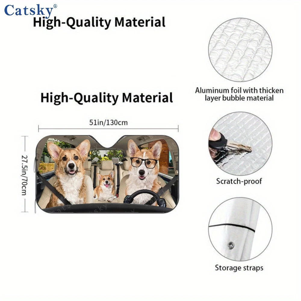 Three Dogs With Glasses Are Seated In The Rear Of A Vehicle, Surrounded By Car Sunshades And A Front Window Cover, Perfect For C