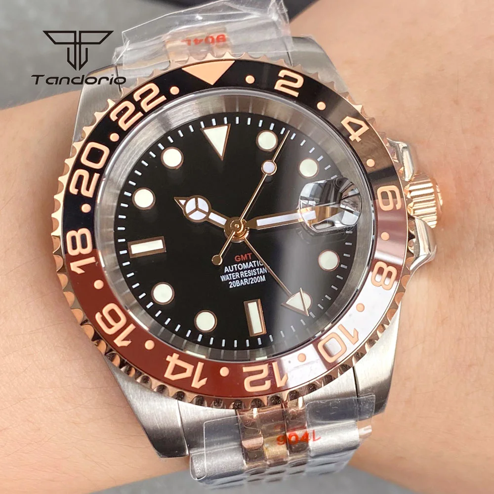 Tandorio NH34 GMT Fashion Men Automatic Steel Watch Dive Two Tone Mechanical Wristwatch Sapphire Crystal Date Rose Gold Luminous