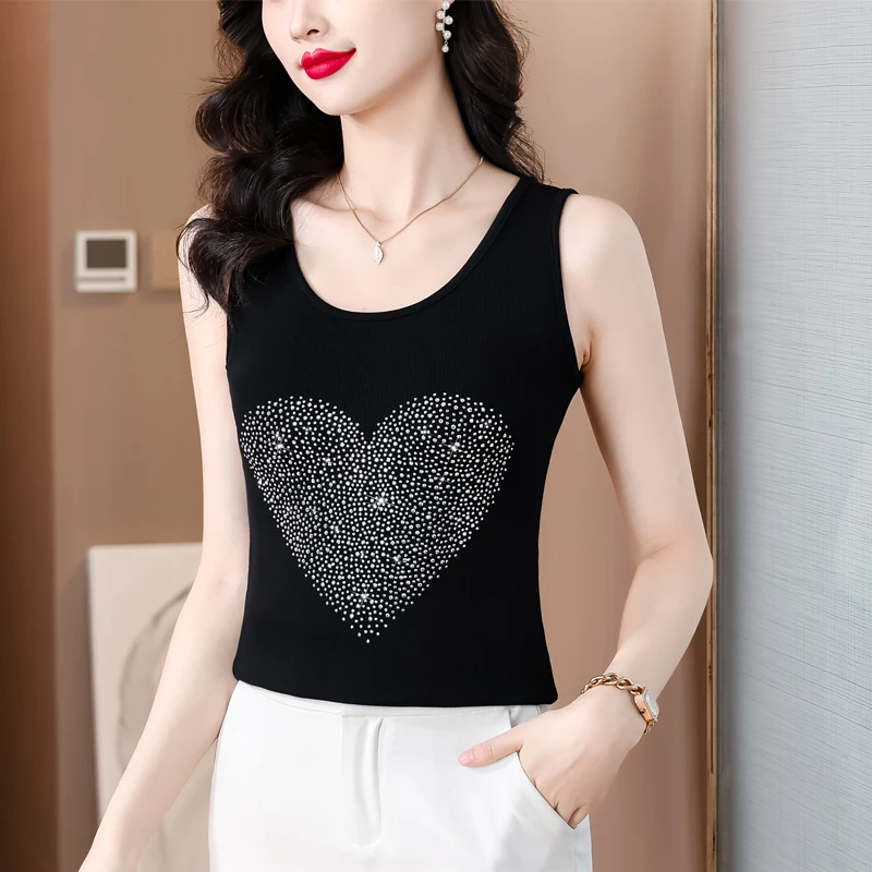 

Новый корейский модный летний жилет, топы без рукавов, горячие топы с бриллиантами, женские майки с круглым вырезом