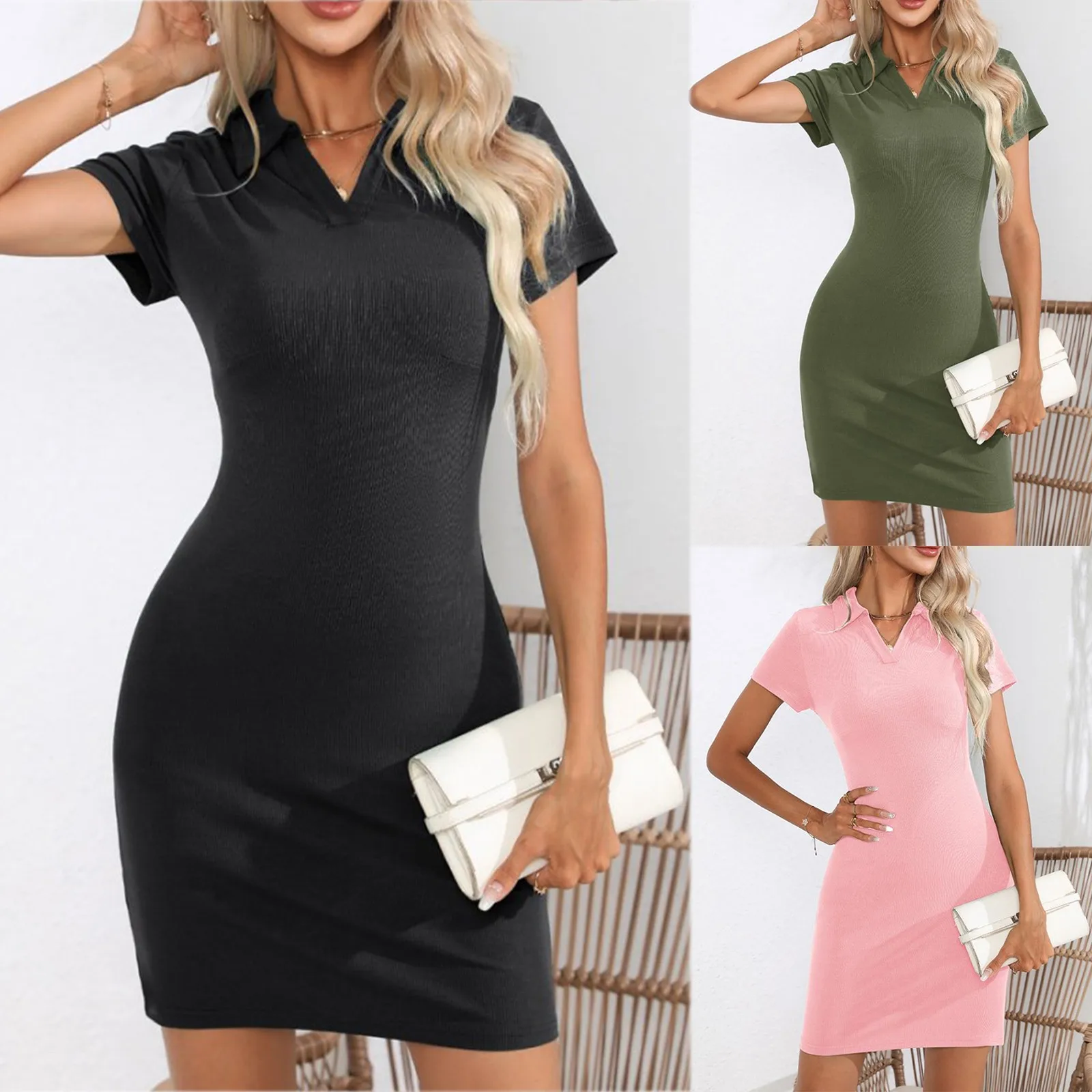 Vestido de verano de manga corta con cuello en V para mujer, Vestidos ajustados elásticos para el vientre, vestido camisero con solapa, ropa para mujer, Vestidos elegantes